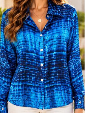 Vintage Paolo Santini 100% Silk Turquoise Shiny Alligator Skin Print Blouse s 12